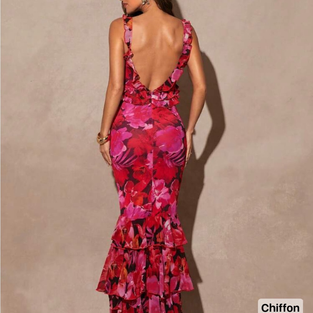 SHEIN Backless Floral Red and Pink Dress